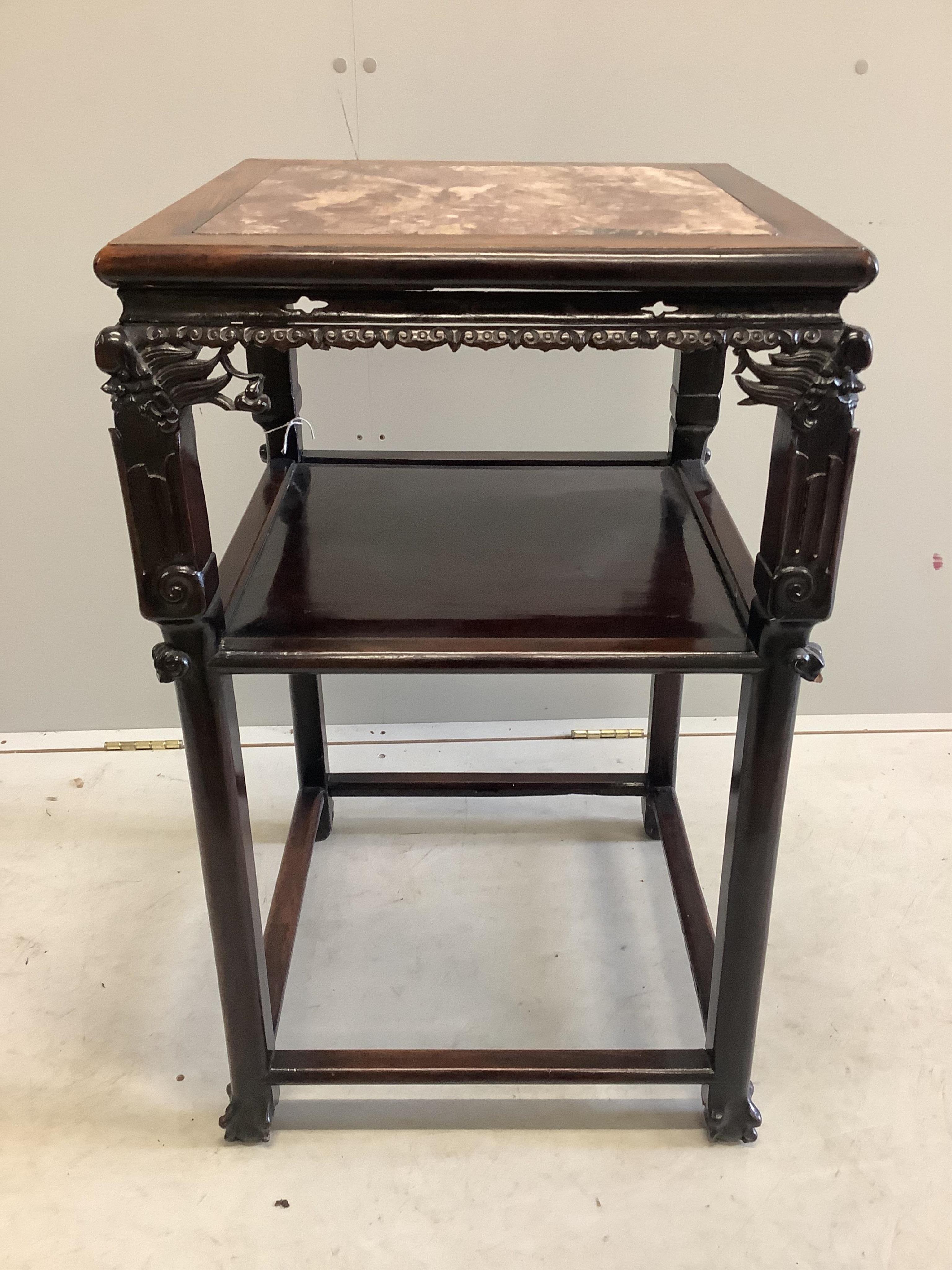 A Chinese hardwood two tier vase stand with inset marble top, width 49cm, depth 48cm, height 82cm. Condition - fair